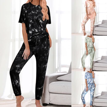 

Women Tie-dye Pajamas Suits Casual Daily Wears Short Sleeve Round Neck Top Pocket Long Pants Lady Two Pieces Sets