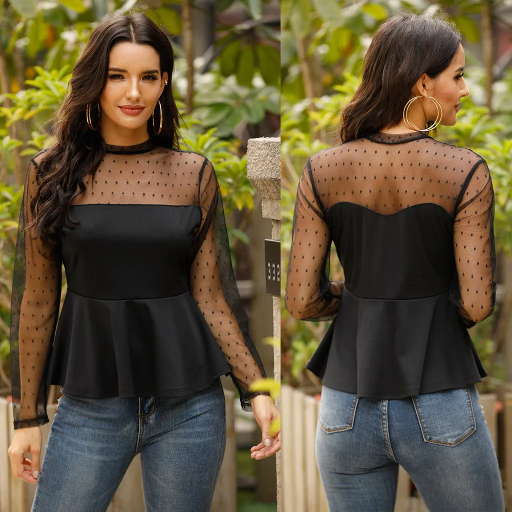 Polka Dot Sheer Mesh Patchwork Peplum Top