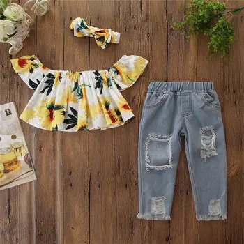 

Girls Princess Clothes Sets Summer Children Kids Baby Infants Offer Shoulder Blouse Tops+Hole Was Jeans Pants 2PCS Outfit WT1101