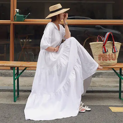 

New Style Shirt Dress Women's Korean-style Peter Pan Collar Long Skirts Students A- line Skirt Loose And Plus-sized Flounced Bea