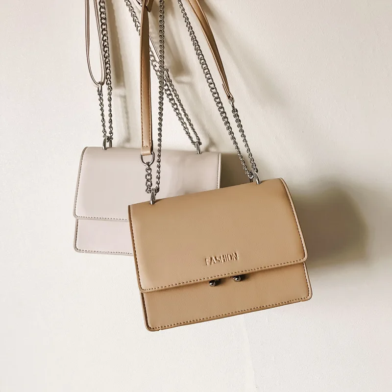 

New Style Simple One-Shoulder Oblique Bag Casual Versatile PU Leather Lock Square Sling Bag Chain WOMEN'S Bag