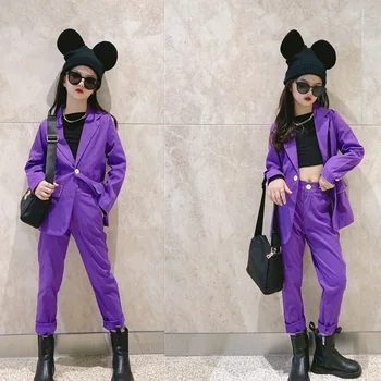 

Girls Purple Set Autumn Fall Clothes for Kids Korean Fashion Casual Jacket + Pants Blazer Suit Two Piece Suit Party 4 to 14 yrs