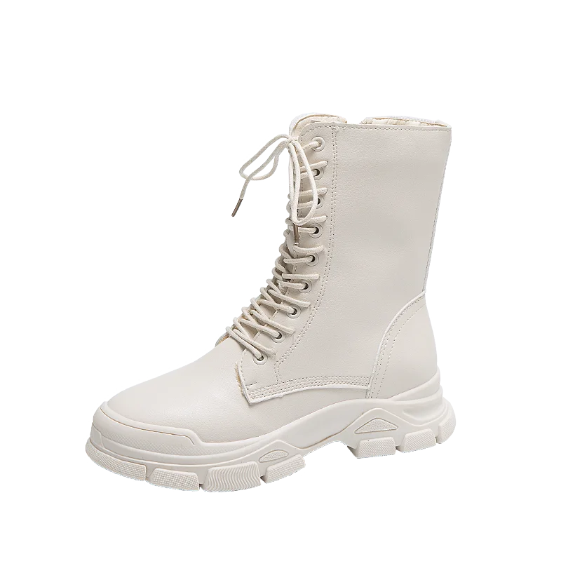 Beige Новые зимние сапоги; женские белые сапоги; Модные Черные ботильоны на платформе с теплым Плюшевым Мехом; кожаные женские зимние сапоги на шнуровке - Цвет: Beige