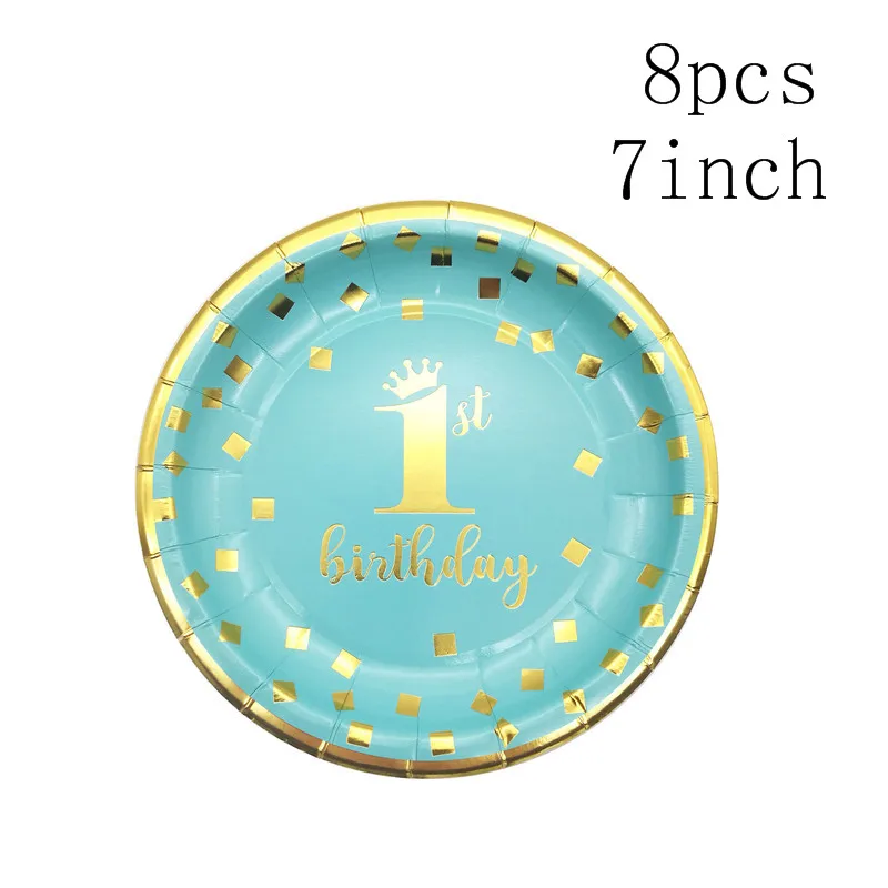 Для девочек и мальчиков на 1-й День рождения одноразовая посуда салфетки тарелка чашка баннер соломинка один год День рождения украшение - Цвет: blue plate