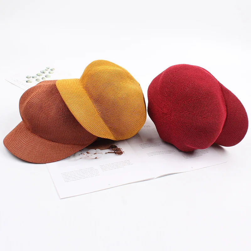 Sparsil Ladies Fashion Elegant Octagonal Cap Travel Sun Visor Mesh Strawed Hat Simple Comfortable Breathable Beret Hats