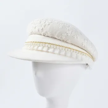 

Women Winter Faux Fur Military Hat With Pearl Lace Streetwear Flat Top Newsboy Caps Ladies Fashion Berets Hat Men Boina Gorra