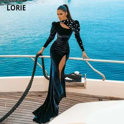 LORIE Arabic Evening Dresses High Neck Beaded High Side Split Velvet Long Sleeves Prom Gown Party Dress abendkleider 2021 dubai