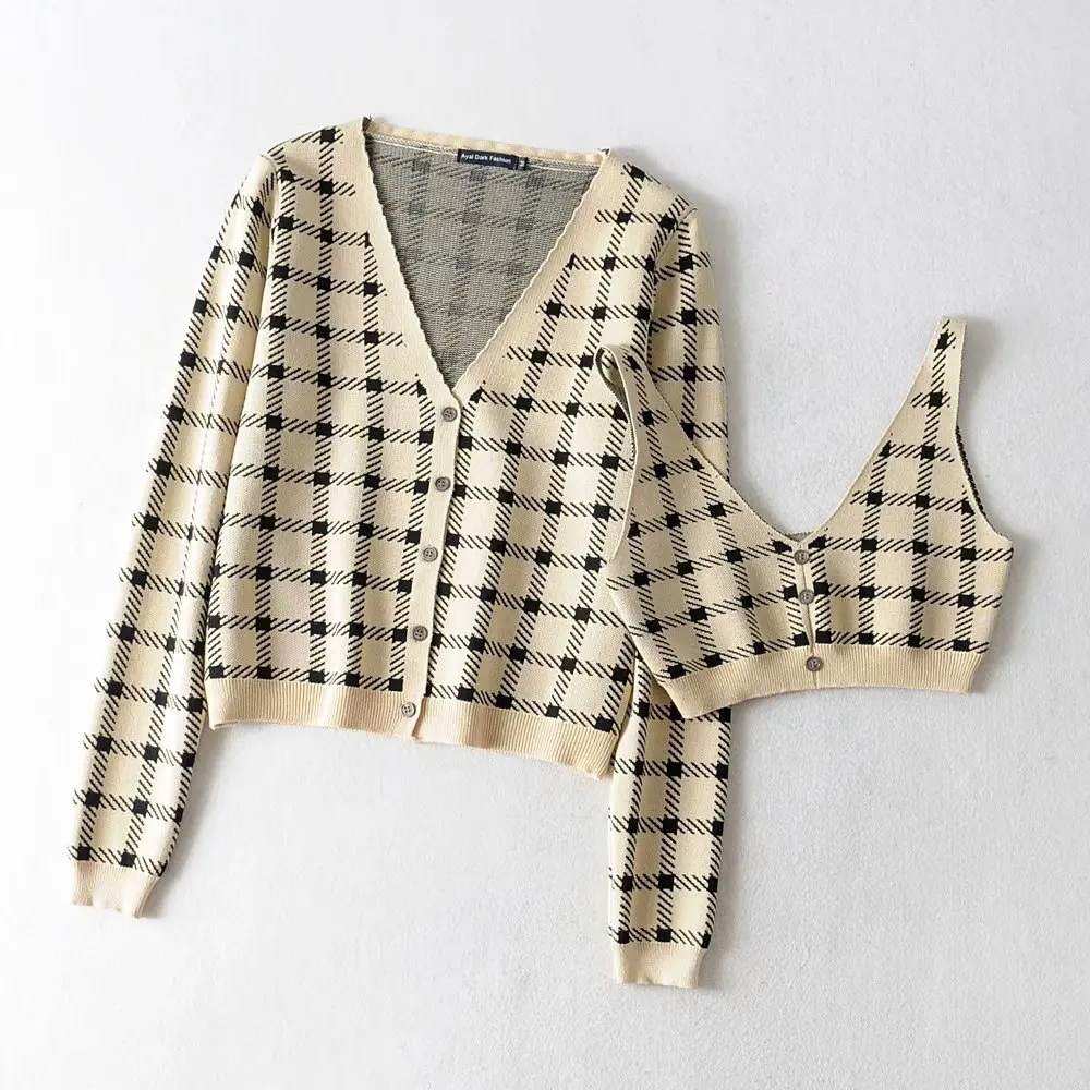 AY9 tartan 090 Bazaleas harajuku тартан вязаный женский костюм уличная укороченный топ и женский свитер кардиган винтажный женский pull femme дропшиппинг - Цвет: AY9 tartan 090