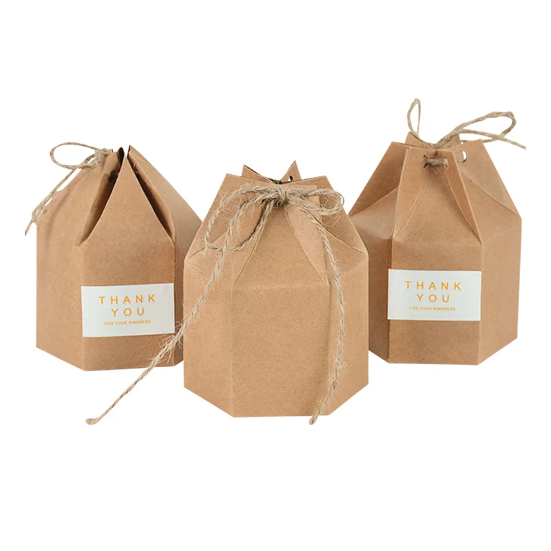 10pcs Hexagon Shape Creative Kraft Paper Candy Boxes Wedding Favors Gift Packaging Box For Birthday Party Baby Shower Decor