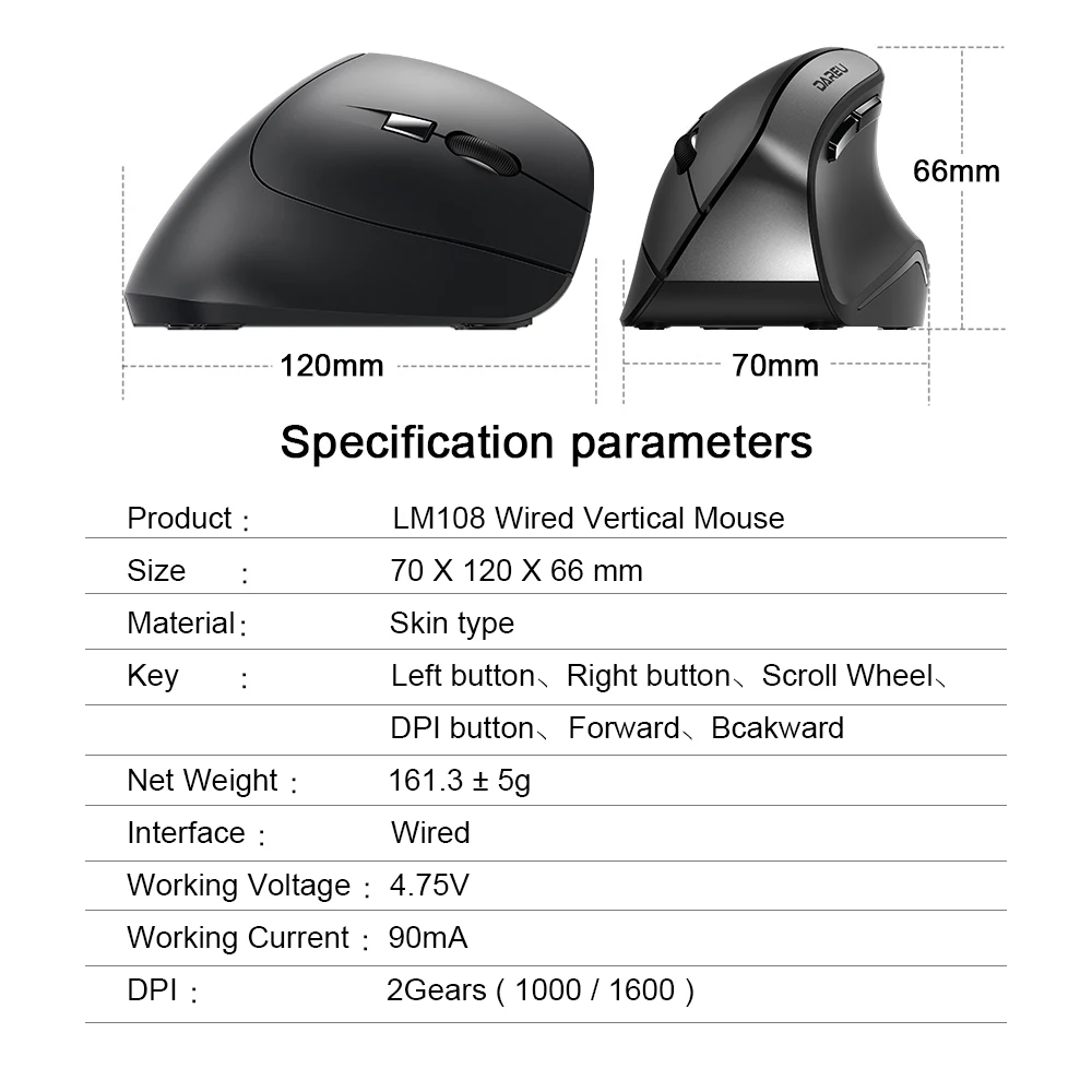 DAREU LM108 эргономичная Проводная вертикальная мышь 1600 dpi 6 кнопочная оптическая мышь для правой руки с светодиодный светильник для ПК ноутбука компьютера офиса