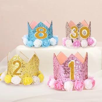 

Cross border flower crown birthday hat children's birthday party decoration Cake Hat Photo Props headdress Sequin hat