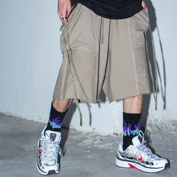 

Harajuku Streetwear Ribbons Cargo Shorts Men Elastic Waist Loose Casual Summer Shorts Side Plckets Solid Hip Hop Oversize Shorts