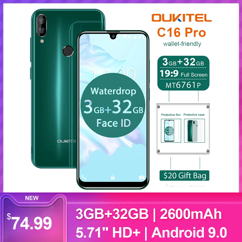 Смартфон OUKITEL C16 Pro, 3 ГБ, 32 ГБ, 5,71 дюймов, 19:9, Android 9,0, MT6761P, отпечаток пальца, распознавание лица, водослива, экран, 4G, мобильный телефон