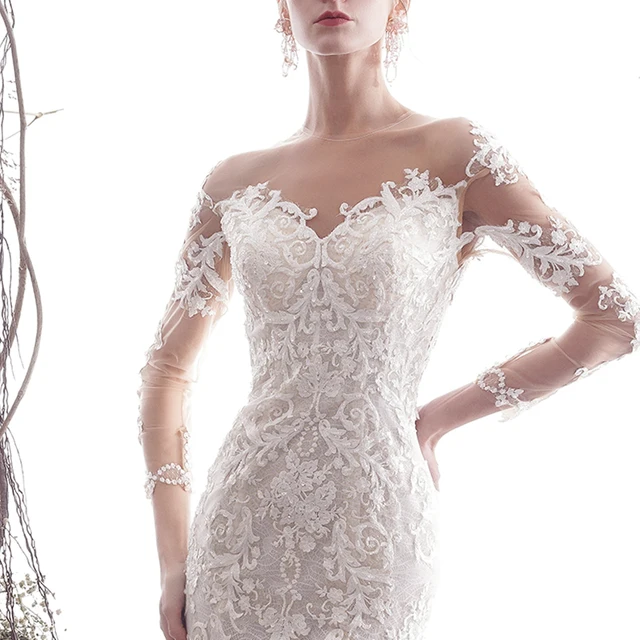 LDR22 White Fishtail Long Sleeve Wedding Dress 2021 New Bridal Gown Trailing Women Slim Applique Print Pattern Lace Light Gown 5