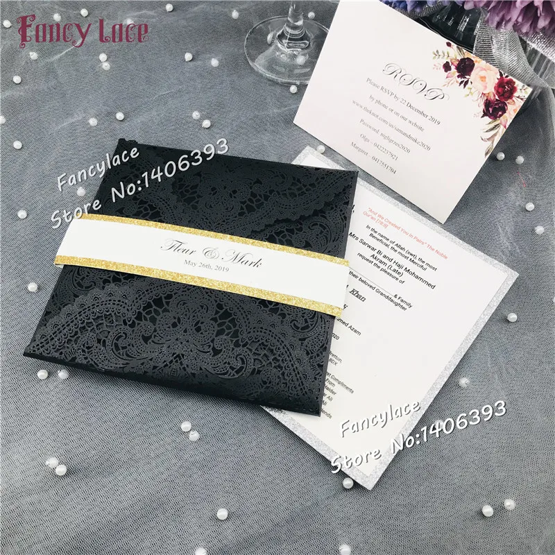 50pcs New Laser Cut Lace Wedding Invitations Cards with glitter envelopes, Elegent Wedding Favors and Gift customized Card