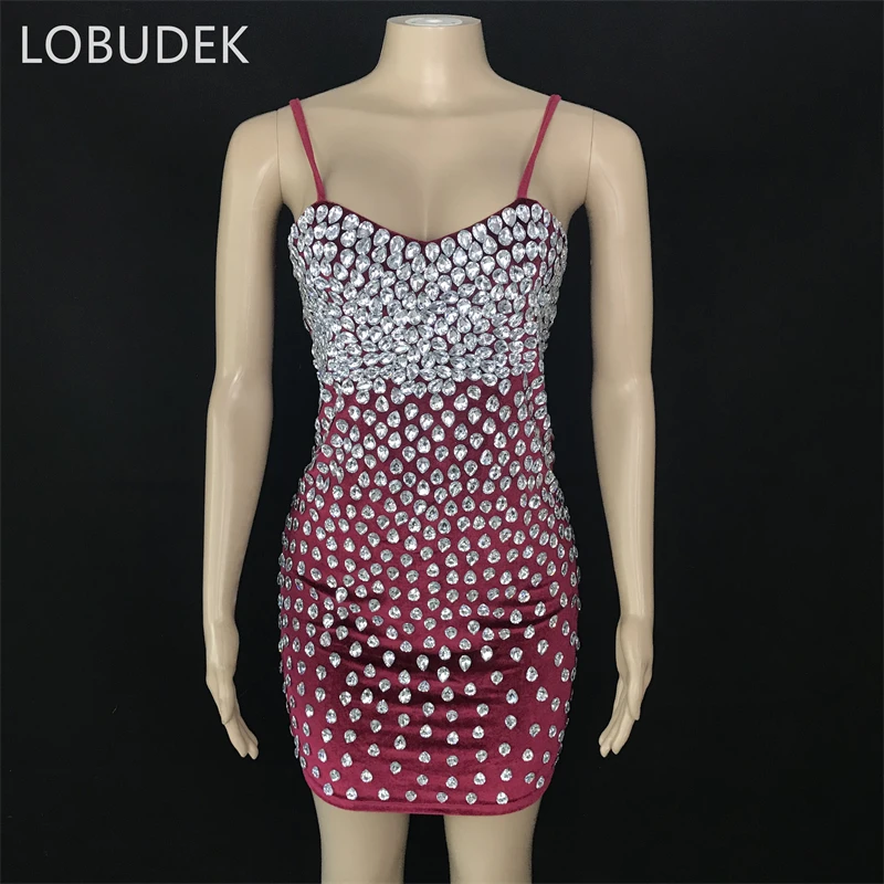

Multicolor Rhinestones Mesh Dress Women Fashion Birthday Party Prom Transparent Crystals Outfit Bar Singer Costume Black Pink