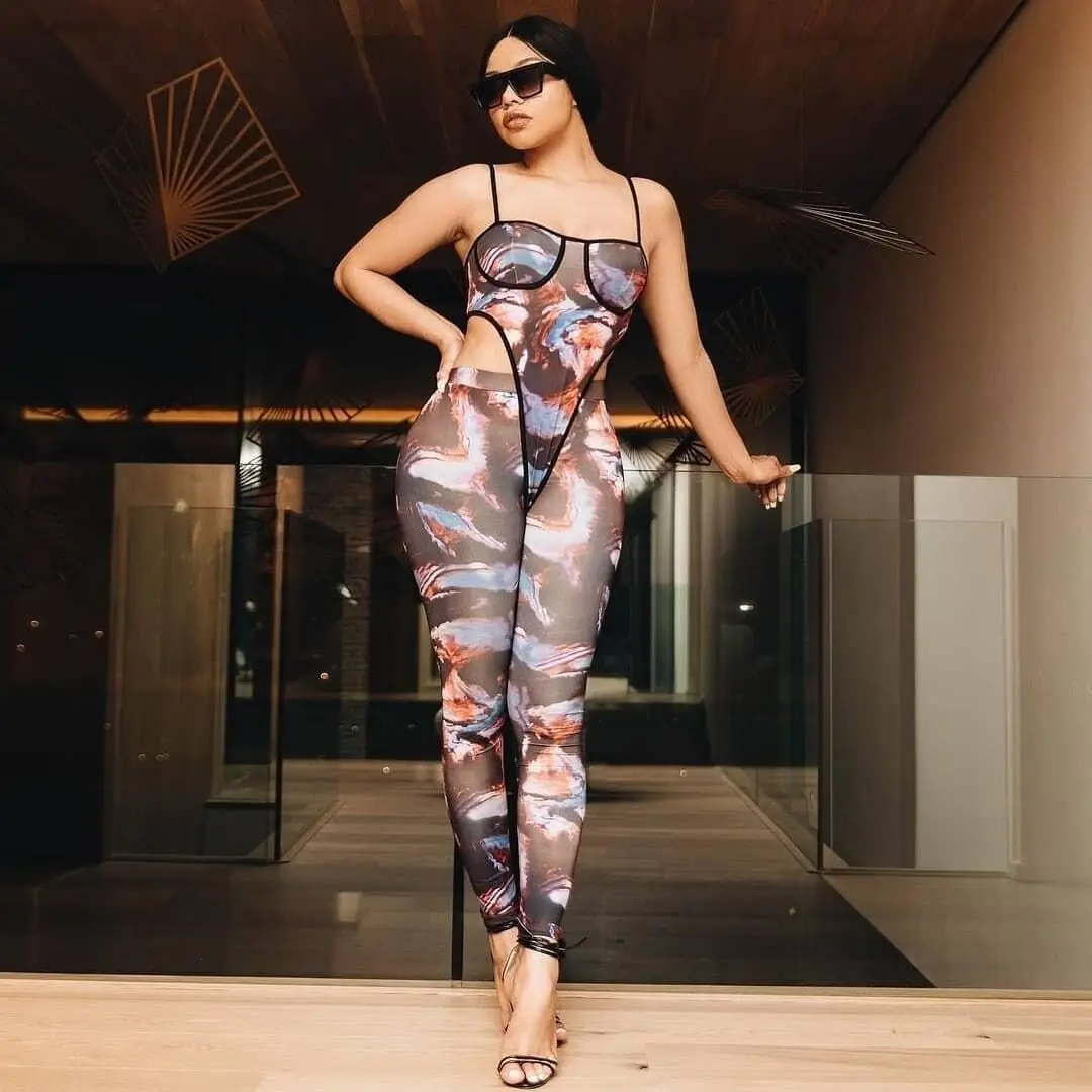 Fashion Print Sheer Mesh Pants Set Clubwear See Through Jumpsuit Women Two Piece Outfits Bodysuit Leggings D57-CD18