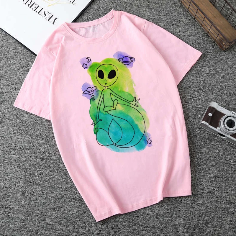 Женская футболка ET Alien с принтом, топы, Винтажная футболка, Готическая Женская Футболка Harajuku Kawaii, женская розовая одежда, уличная одежда - Цвет: 9002-pink