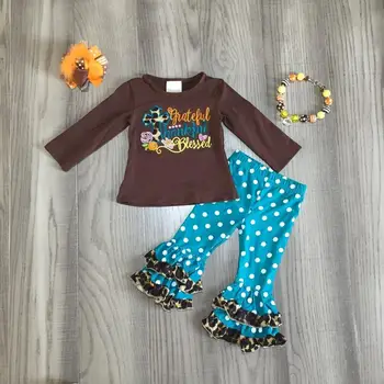

children Girls Thanksgiving outfits blessed top with blue polka dots pant kids boutique clothing with accessories