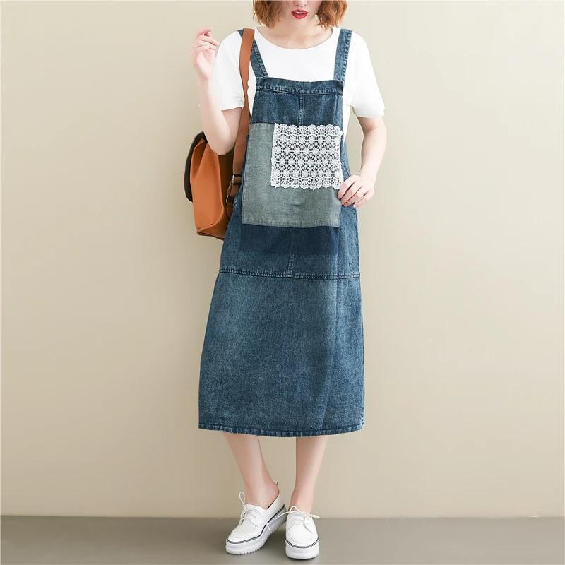 

[EWQ] 2019 Spring Autumn Spaghetti Strap Denim Patchwork Fake Two Piece Casual Loose Dress Women Fashion Tide AH11505.5XL