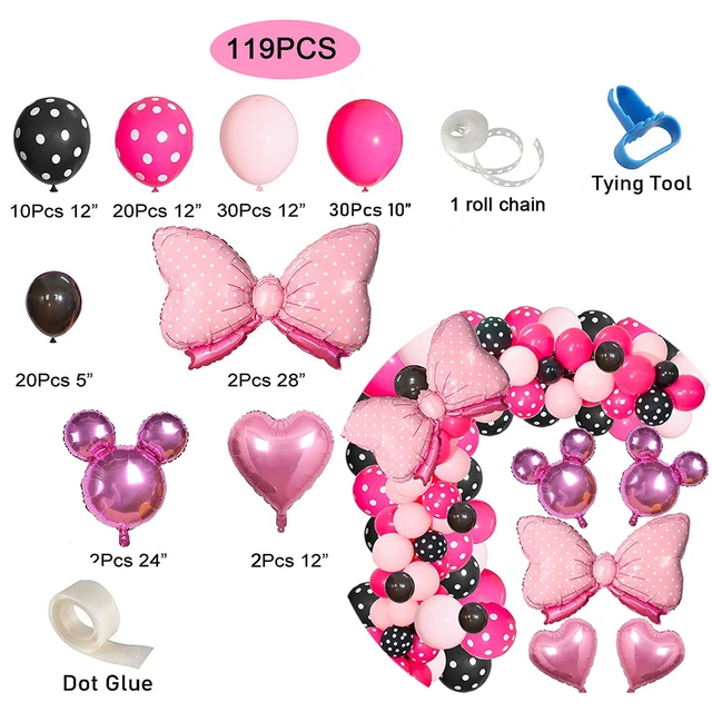 180*108 cm 1pc Minnie Mouse Theme Table Cloth for Kids Happy Birthday Party Decoration Table Cover Event Party Supplies 119pcs Balloons
