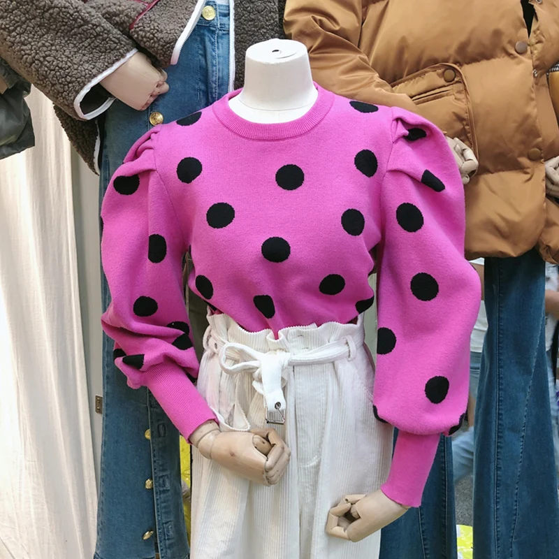 Пуловер с пышными рукавами, вязаная одежда, Осенний женский зимний топ в горошек, вязаный свитер с круглым вырезом, женский джемпер