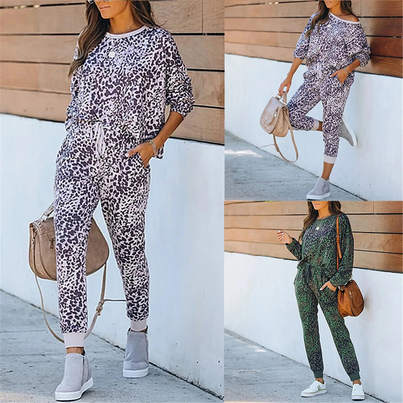 Fashion Women's Long Sleeve Round Neck Top Leopard Print Ladies Casual Suit Skinny Pants Women Sets Casual Solid Two Piece Sets 1