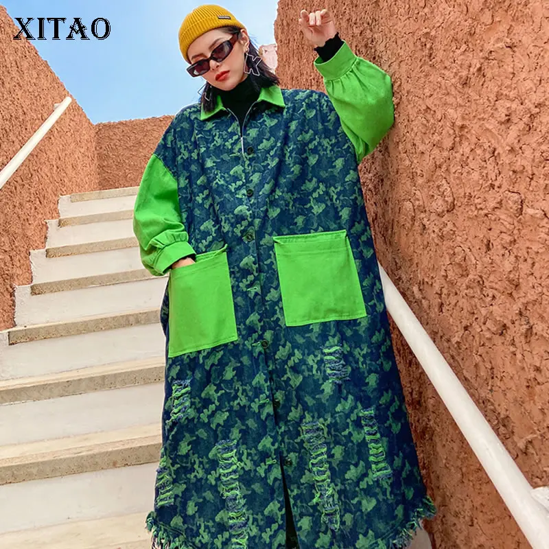 

XITAO Straight Trench Women Fashion New Pocket Patchwork Goddess Fan Minority Print 2020 Spring Plus Size Loose Coat ZLL4706