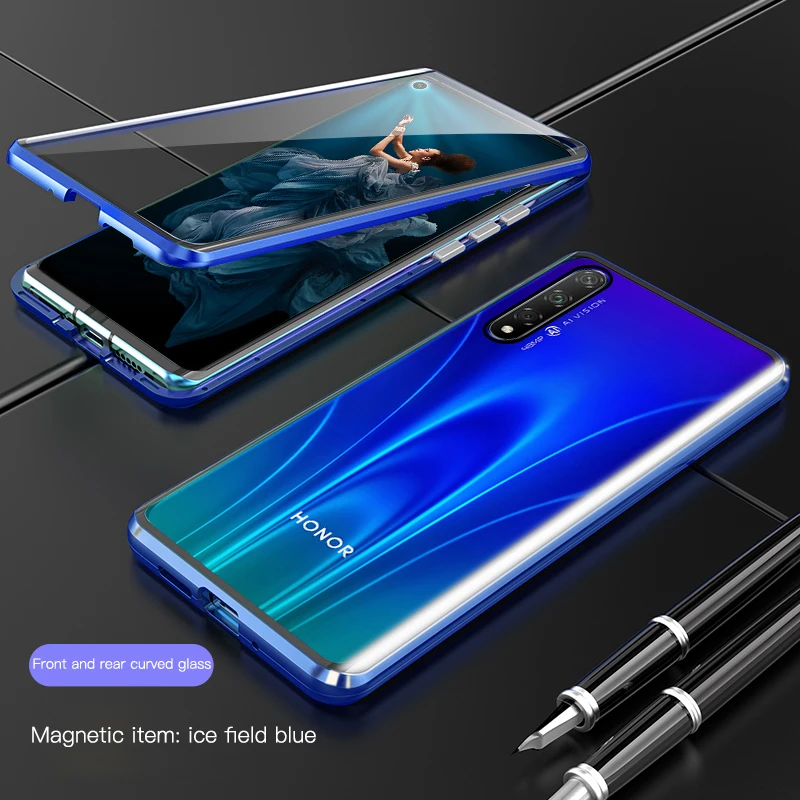 Магнитный металлический двойной стеклянный чехол для телефона huawei Honor 20 20i 20Pro, роскошный защитный чехол с адсорбцией магнита, чехол - Цвет: Blue