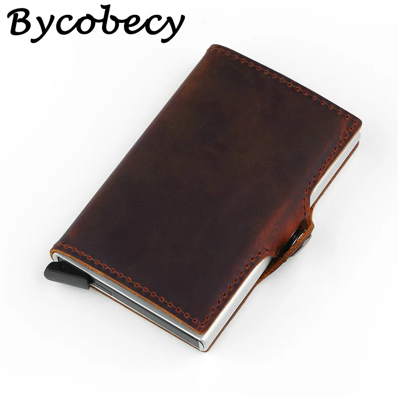 Bycobecy натуральная кожа RFID кредитный держатель для карт Мужской винтажный кошелек деловой металлический блокирующий тонкий кредитный крад кошелек