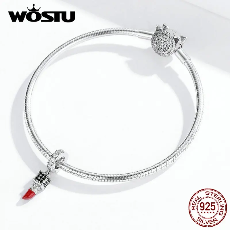 WOSTU, 925 пробы, серебряный, модный, помада, талисманы, подходят к оригинальному браслету, кулон, циркониевые бусины, свадебные украшения, подарок CQC1392