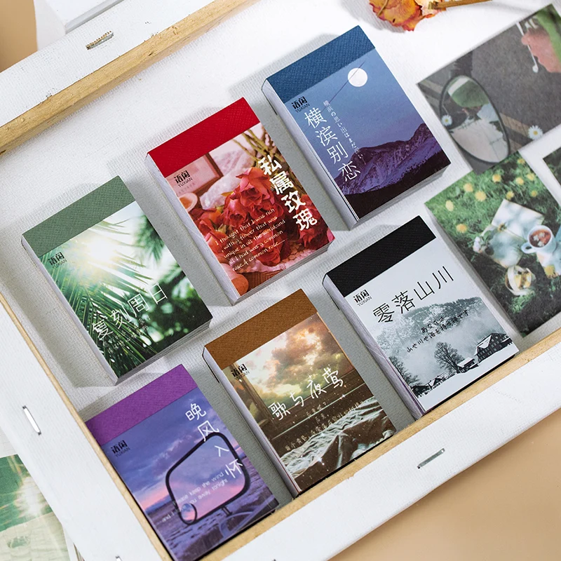 Aesth 50pcs/pack Scene Adhesive Mini Book Vintage Sticker Kraft Cards Deco Diary Stationery LOMO Cards Scrapbooking Sticky Notes