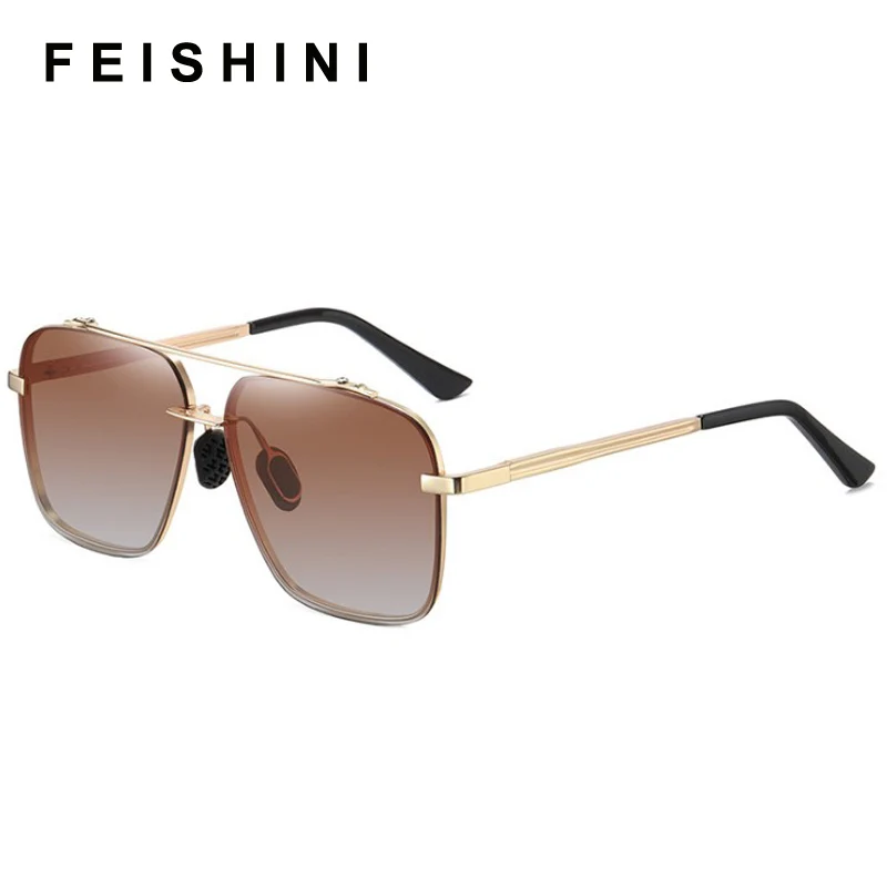 FEISHINI Retro Fashionable Metal Square Polarized Sunglasses Men Brand UV Lens Strong COOL Night Vision Glasses Women Big