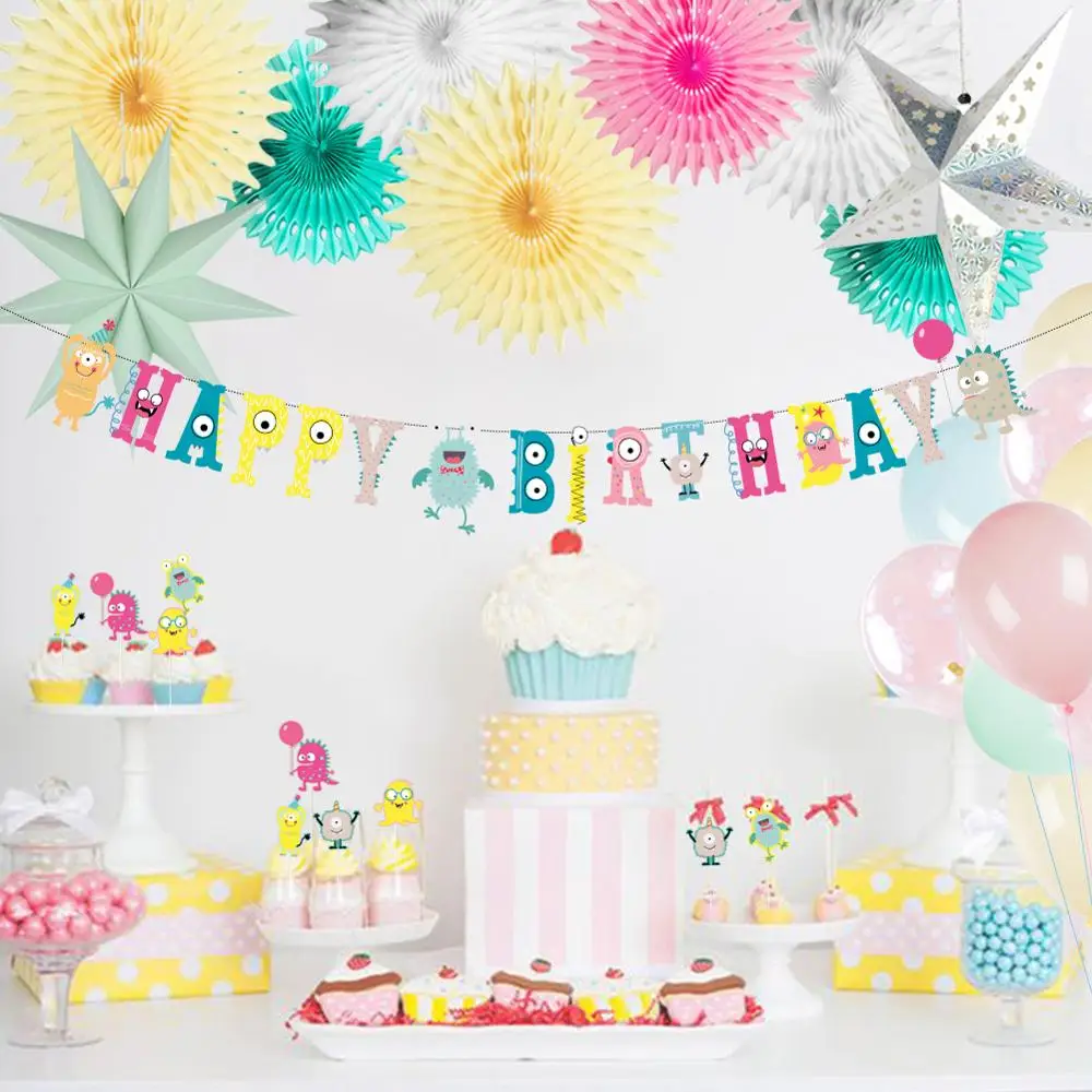 16 шт., украшения для дня рождения монстра, розовая мята, желтая бумага, вентиляторы, латексные шары, детский набор для вечеринки на день рождения