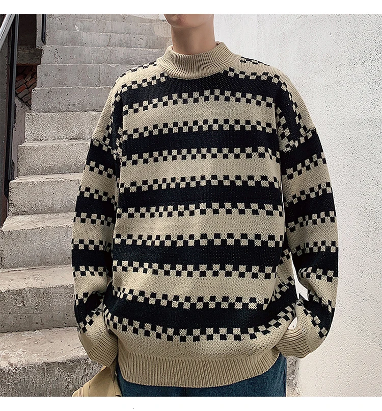 Winter Sweater Men Warm Fashion Contrast Color Casual Knit Sweater Man Sweter Clothes Loose Long-sleeved Pullover Male Clothes