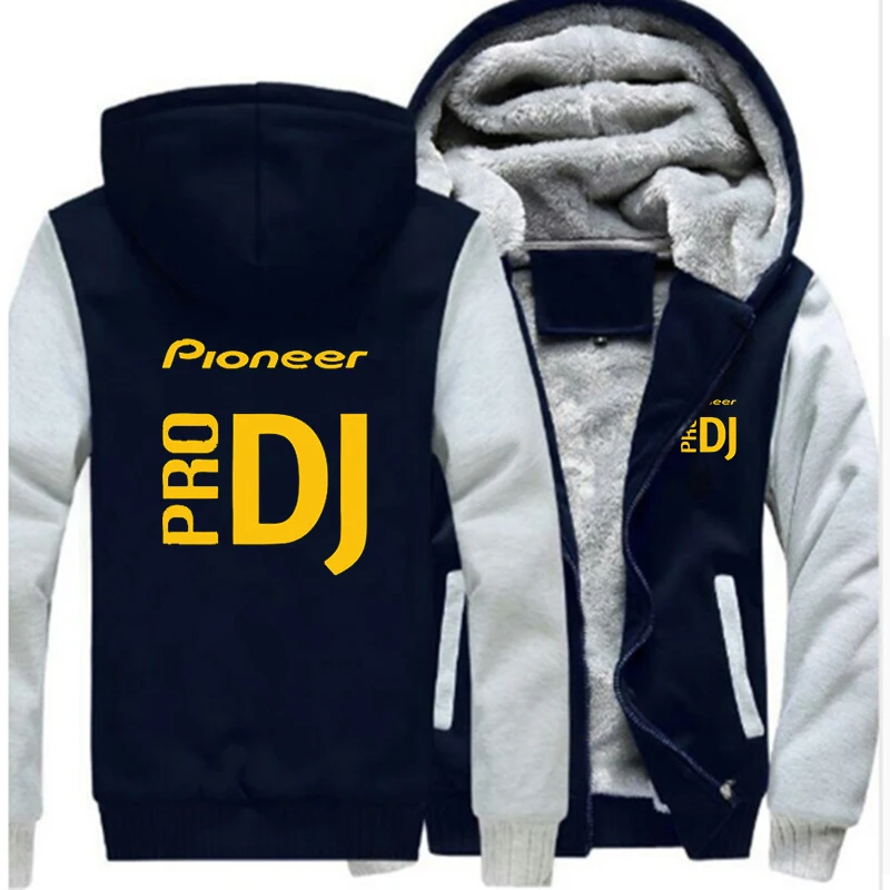 Зимние Повседневные утолщенные мужские куртки Pioneer Pro DJ с капюшоном на молнии, мужские теплые пальто с принтом для колледжа, теплые спортивные толстовки