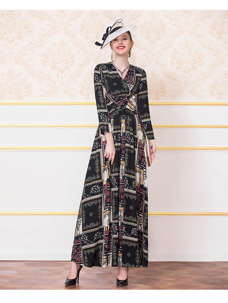 XXXL длинное платье осеннее модное вечернее платье для женщин с v-образным вырезом винтажное платье макси с длинным рукавом Vestidos De Longo Festa