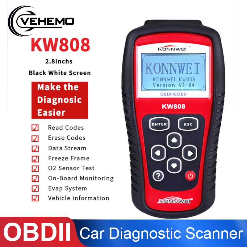 Vehemo KW808 автомобильный код неисправности OBD2 EOBD диагностический сканер obd-ii сканер automotivo Профессиональный автоматический считыватель сброса инструмента