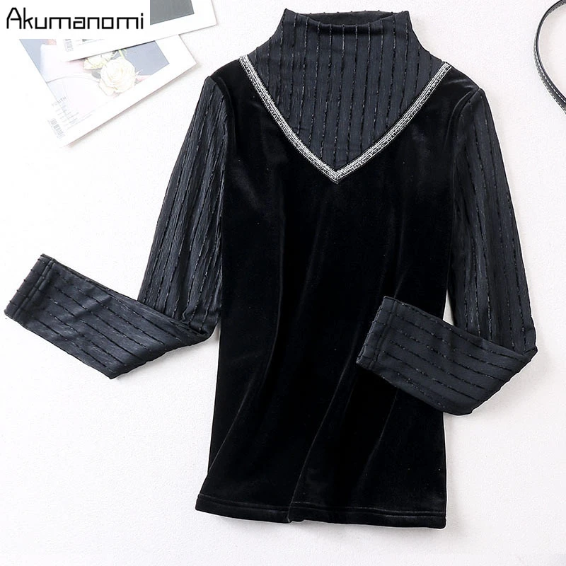 Осенне-зимняя женская блузка размера плюс 5xl 4xl из плотного вельвета и велюра черного цвета, Женская Повседневная рубашка с длинным рукавом и стоячим воротником, Топы Camiseta Mujer