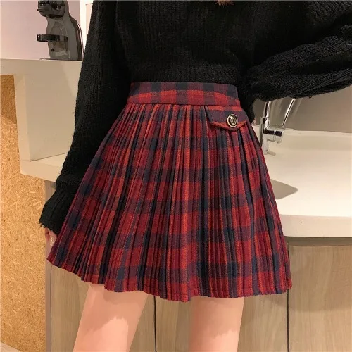Красный Faldas mujer moda на пуговицах, в клетку, консервативный стиль, женская одежда, высокая талия, юбки, moda feminina, весна-лето - Цвет: Красный