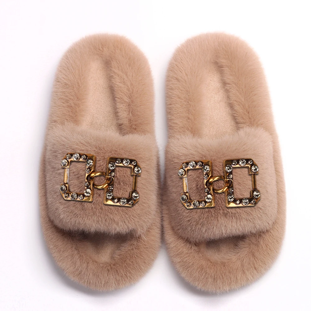Furry Slippers Women Luxury Square Buckle Faux Fur Slides Fluffy Flip Flops Platform Fashion Slippers Fur Sandals Female Shoes