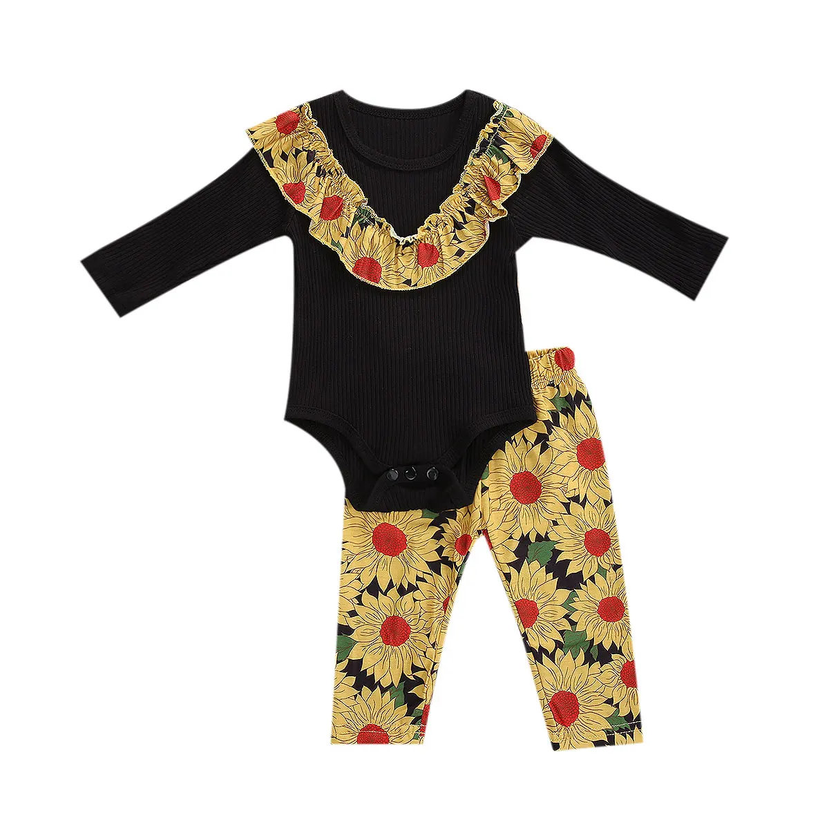 

Infant Newborn Baby Toddler Girls Long Sleevel Romper+Pants, Sun Flower Print Decoration Elastic Waist Spring 2Pcs Suit Clothes
