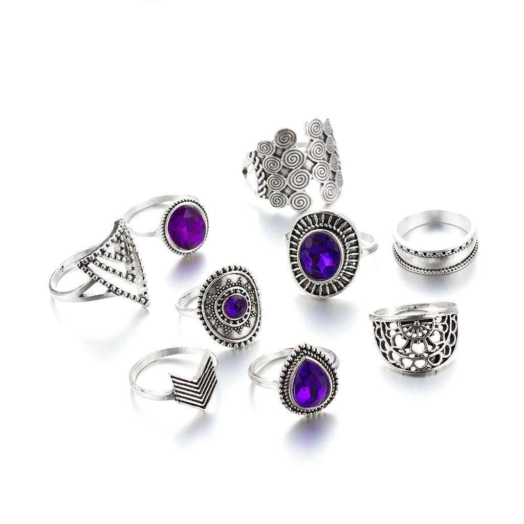 Finger ring jewelry accessories ring set Vintage Purple Crystal Knuckle Rings for Women Bohemian Geometric Anel Finger Ring Set Boho Party Anillos Mujer Jewellery