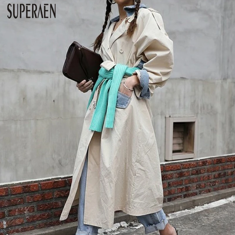 

SuperAen Korean Style Trench Coat for Women Spring 2020 New Fashion Ladies Windbreakers Stitching Denim Casual Women Clothing