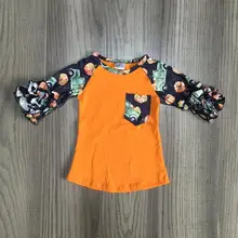 Хэллоуин День благодарения, Осень-зима, футболки с маркой бутика для маленьких девочек, одежда для дальнобойщика, хлопковый топ с тыквой, детские футболки с рукавами-крылышками