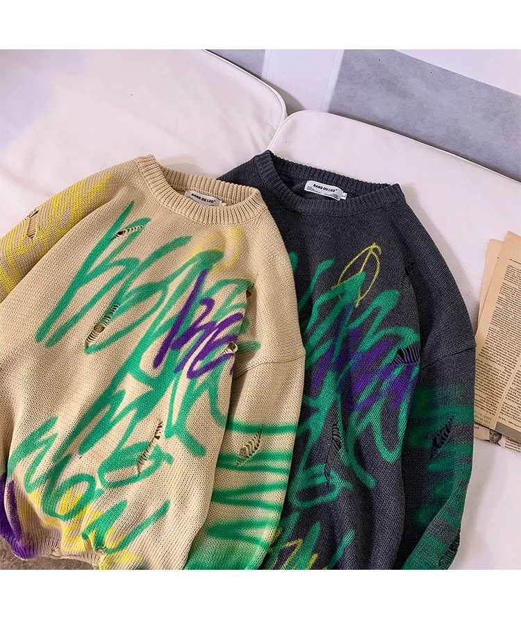 New Winter Sweater Men's Fashion Printed Casual Knit Sweater Man Streetwear Wild Hip Hop Loose Long Sleeve Pullover Men M-2XL