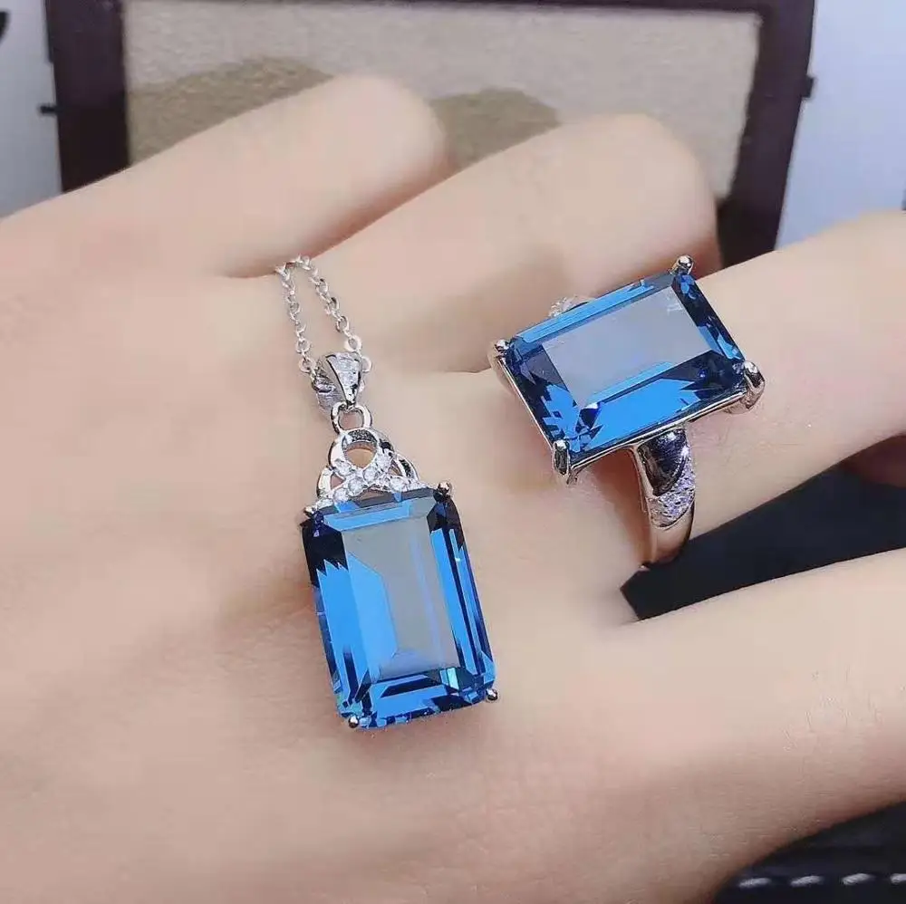 Platinum Set Синий топаз S925 кольцо кулон набор модный и элегантный для женщин - Цвет камня: Platinum Set