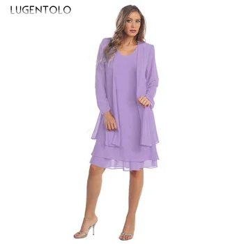 

Lugentolo Women Two Piece Outfits Spring Loose Cardigan Long Sleeve Coat Midi Dress O-neck Solid Elegant Chiffon Lady Dresses