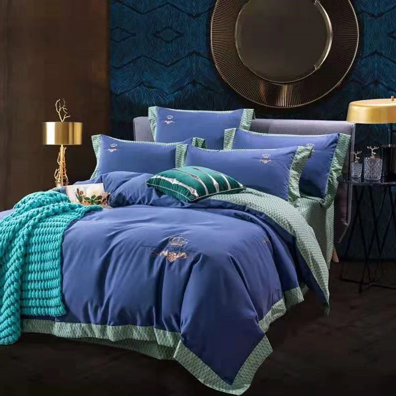 

Modern Style 4pcs Embroidery Duvet Cover Flat Fitted Bed Sheet Pillowcases Solid Navy Blue Yellow Purple Green Bean Paste