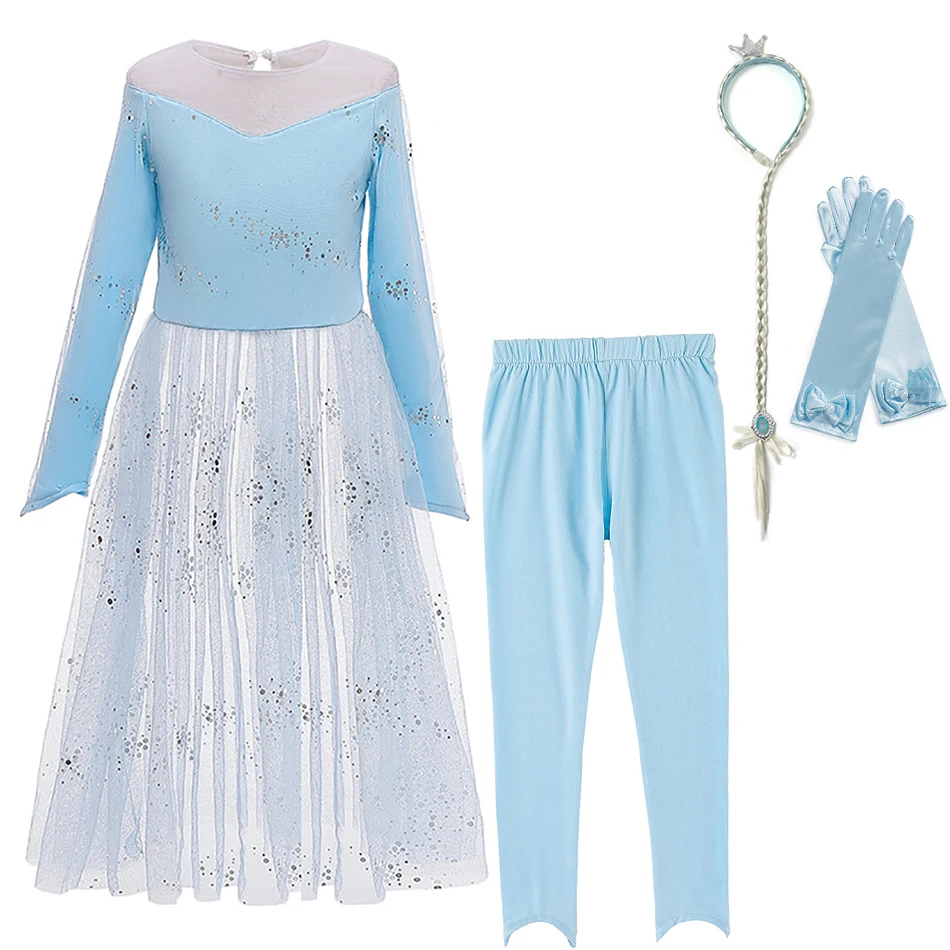 Новое платье принцессы «Эльза 2» и штаны для девочек костюм Снежной Королевы детская одежда с пайетками, комплект, детский нарядный костюм Эльзы - Цвет: Elsa Dress Set A